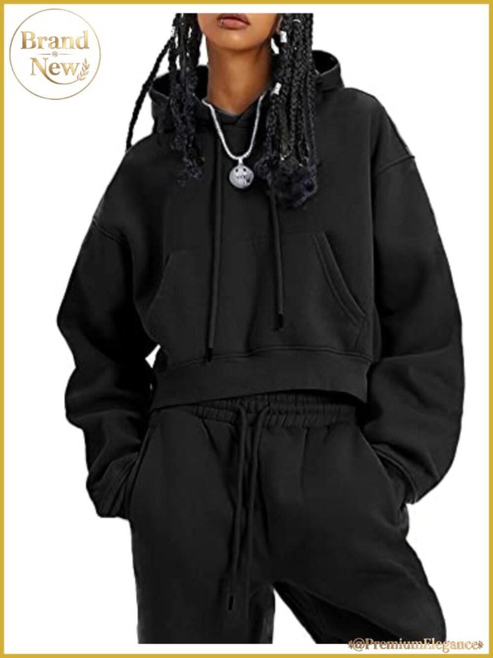 Women's Fleece 2-Piece Sweatsuit Set Hoodie Crop Top Jogger Pants